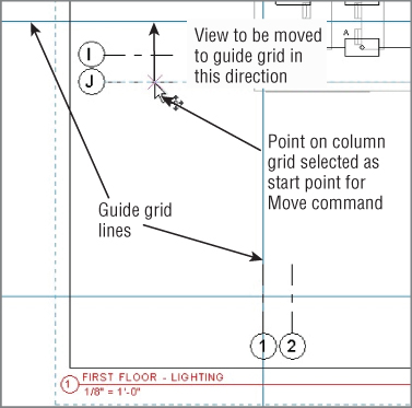 Screenshot of a plan view with arrows labeling the guide grid lines, view to be moved to guide grid, and point on column grid selected as start point for Move command.