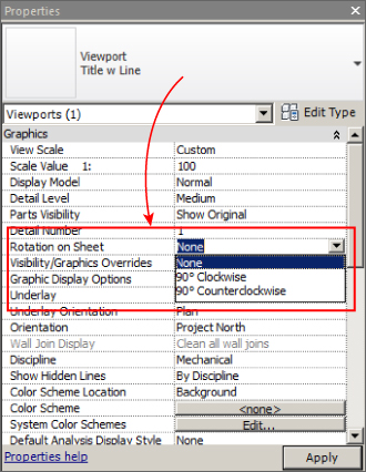 Screenshot of the Properties palette presenting the options in the drop-down menu for Rotation on Sheet parameter: None, 90° Clockwise, and 90° Counterclockwise.