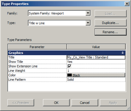 Screenshot of the Type Properties dialog with Viewport system family properties. Under Graphics parameter are settings for title, extension line, line weight, color, and line pattern.
