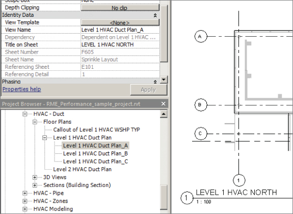 Screenshot of the Properties palette (top left) presenting the Title on Sheet parameter (LEVEL 1 HVAC NORTH), the Project Browser (bottom left) with a tree displaying Level 1 HVAC Duct Plans, and a sketch (right).