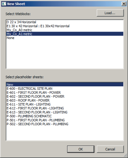 Screenshot of the New Sheets dialog box with My_Co_A1 metric selected under Select titleblocks panel (top) and New option highlighted under Select placeholder sheets panel (bottom).