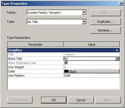 Screenshot of the Type Properties dialog with Viewport family properties. Under Graphics parameter are No option across Show Title setting, line weight value of 1, black color value, and solid line pattern.