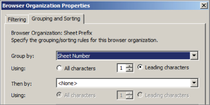 Screenshot of the Grouping and Sorting tab in Browser Organization Properties presenting grouping option set to Sheet Number with one leading character.