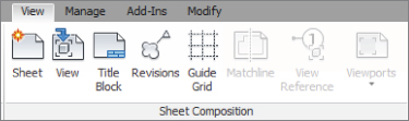 Snippet from the View tab with Sheet Composition ribbon panel with buttons for Sheet, View, Title Book, Revisions, and Guide Grid.