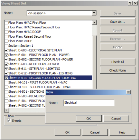 Screenshot of New dialog, with input Electrical on the Name field, overlaying the View/Sheet Set dialog presenting a list of printable view sheets.
