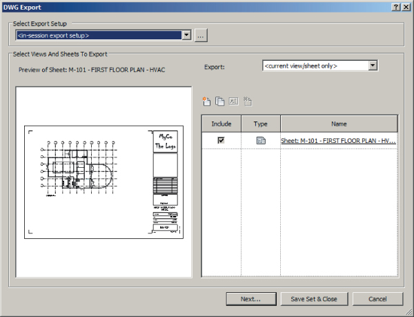 Screenshot of the DWG Export dialog presenting panes for export setup option, preview of selected sheet, and a table for type and name of sheet to export.