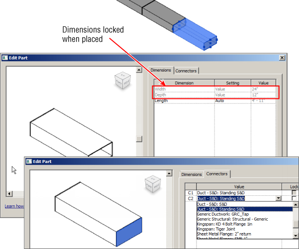 Screenshot of two Edit Part dialogs presenting the Dimensions tab (back) with an arrow pointing to Width and Depth parameters labeled as Dimensions locked when placed and Connectors tab (front).