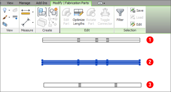 Screenshot of Edit panel in Modify | Fabrication Parts ribbon with three straight runs of duct labeled 1, 2, and 3. Second duct is highlighted.