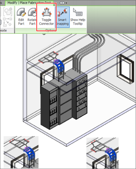 Screenshot of the three cable containments in 3D view presenting rotated positions of an equal tee. A box encloses the Toggle Connector button in the Options ribbon of Modify | Place Fabrication Part tab.