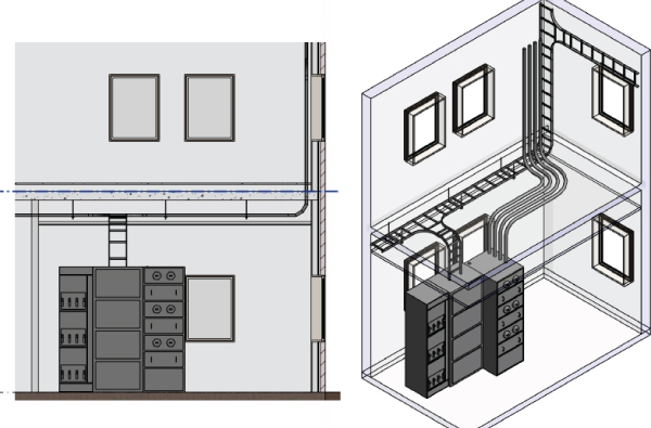 Screenshot of plan view (left) displaying a vertical straight run (blue line) over the cable containment and 3D view (right) presenting two vertical straight runs on the corner of the wall and over a window.