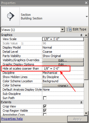 Screenshot of the Properties dialog box presenting 1/8'' =1''-0'' value for Hide at scales coarser than parameter under Graphics property.