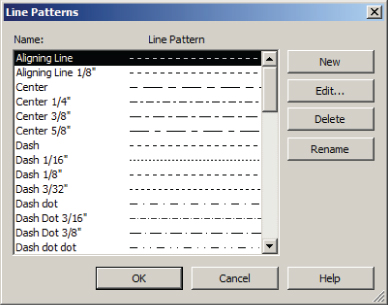 Screenshot of Line Patterns dialog presenting a list of line patterns with their corresponding illustrations.