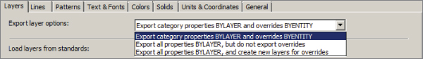 Snippet image of the Layers tab with Export category properties BYLAYER and overrides BYENTITY selected in the drop-down list of Export Layer options.