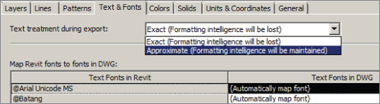 Snippet image of the Text and Fonts tab with a displayed drop-down menu for Text treatment during export field. Approximate (Formatting intelligence will be maintained) is highlighted.