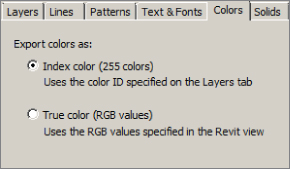 Snippet image of the Colors tab presenting export file options, Index color and True color, with radio buttons and descriptions.