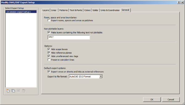 Screenshot of the Modify DWG/DXF Export Setup dialog presenting the General tab with check boxes for settings on room, space, and area boundaries, nonplottable layers, options, and default export options.