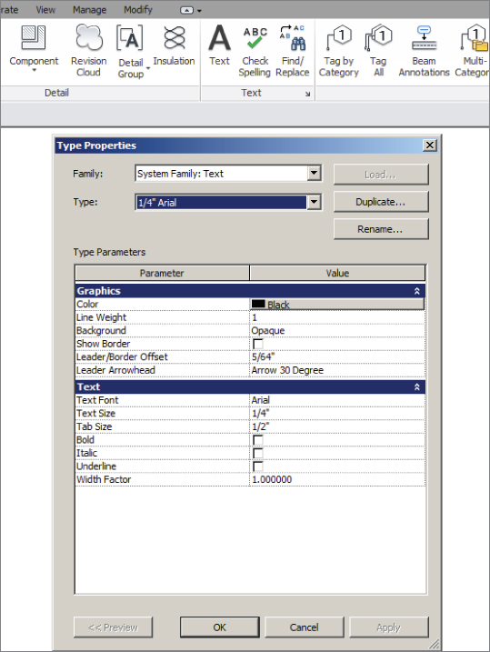 Screenshot of the Type Properties dialog for Text system family.