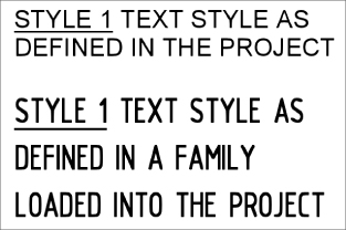 A box presenting text styles as defined in the project (top, Arial) and as defined in a family loaded into the project (bottom).