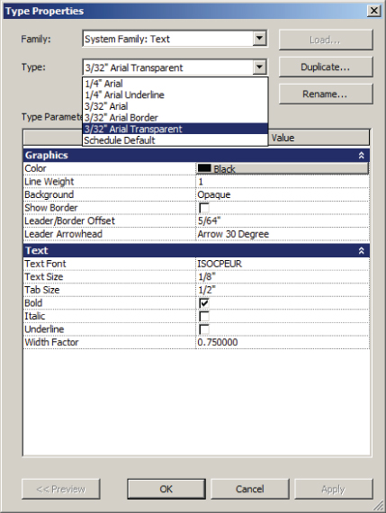 Screenshot of the Type Properties dialog for Text system family presenting a displayed drop-down menu for Type field. 3/32'' Arial Transparent is highlighted.