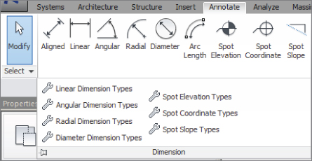 Snippet image of the Dimension panel in Annotate tab presenting dimension types (linear, angular, radial, diameter), spot elevation types, spot coordinate types, and spot slope types.
