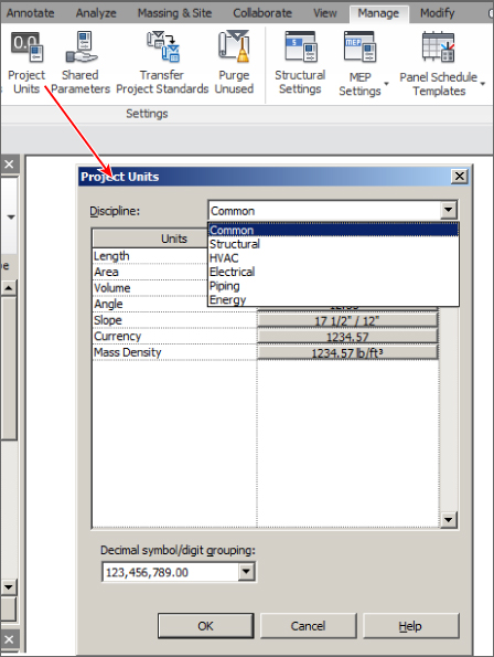 Screenshot of the Project Units dialog with a displayed drop-down menu for Discipline field. An arrow from Project Units button in Manage tab points to the dialog.
