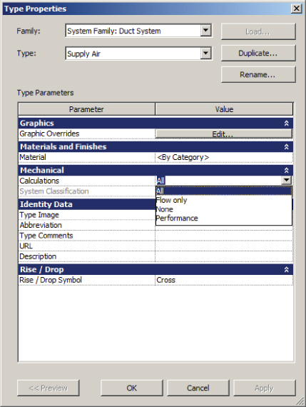 Screenshot of Type Properties dialog for duct system with the Calculations drop-down menu under Mechanical parameter, and other parameters (graphics, materials and finishes, identity data, and rise/drop).