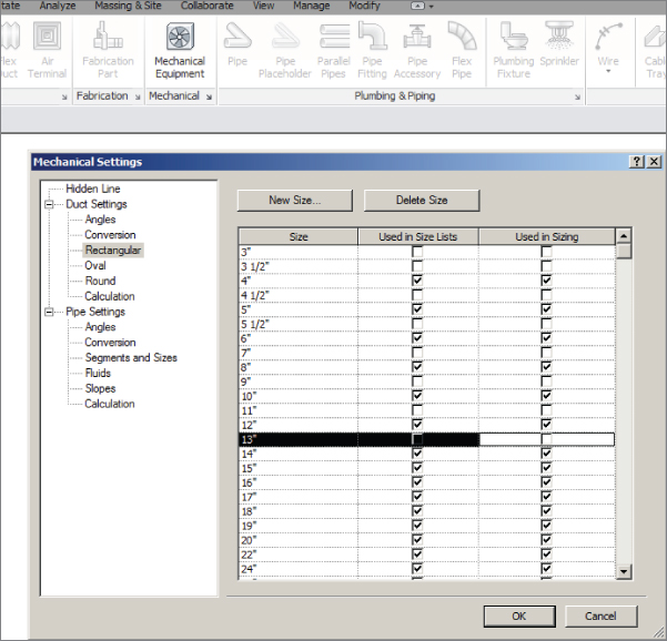 Screenshot of Rectangular Duct Settings page of Mechanical Settings dialog presenting three columns listing sizes and check boxes for Used in Size Lists and Used in Sizing categories (right pane).