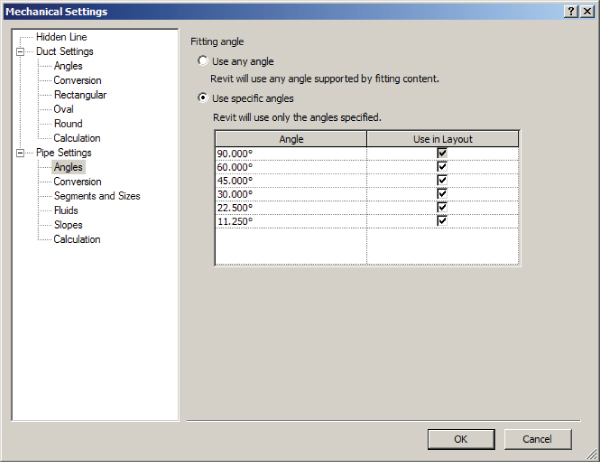 Screenshot of Angles page of Mechanical Settings dialog presenting radio buttons for Use any angle and Use specific angles. A table lists angles with corresponding check boxes under Use in Layout column.