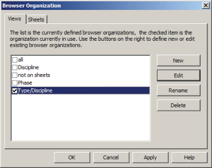 Screenshot of the Views tab of the Browser Organization dialog presenting a checked check box for Type/Discipline option.