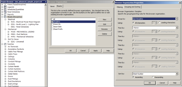Screenshot of dialogs: Project Browser with selected Sheets (Discipline) tab, Browser Organization with checked Discipline option, and Browser Organization Properties with Group by Sub-discipline option.