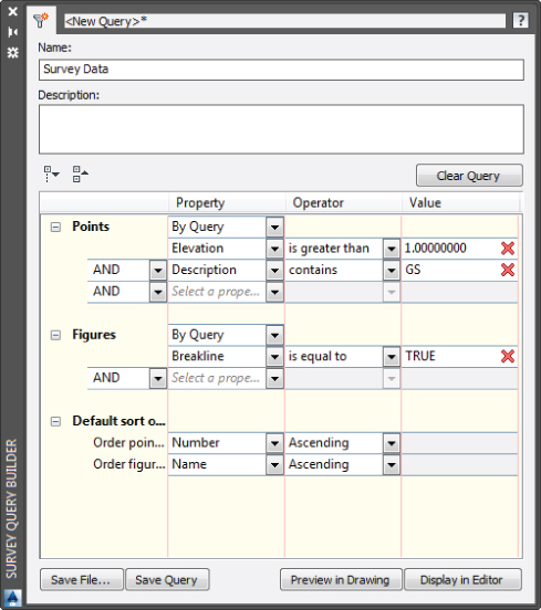 Snippet image of Survey Query Builder palette with Survey Data in name field and property settings for Points, Figures, and Default sort order.