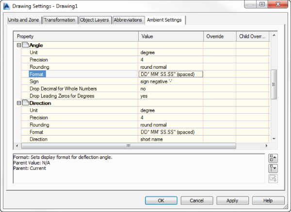 Screenshot of the Drawing Settings – Drawing1 dialog box presenting Ambient Settings tab with DD° MM'SS.SS (spaced) value for Format.