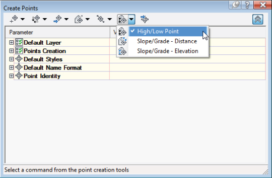 Screenshot of Create Points dialog box presenting the slope point-creation drop-down options. High/Low Point option is selected.