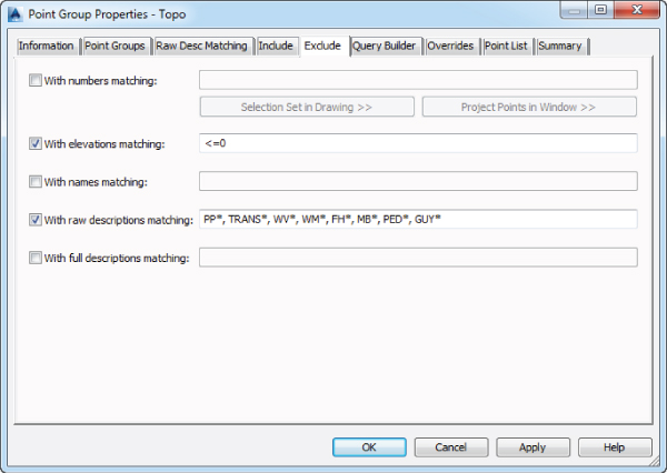 Point Group Properties - Topo window with Exclude tab displaying checked boxes With elevations matching and field “<=0” and With raw descriptions matching and field “PP*,TRANS*,WV*, WM*, FH*, MB*, PED*, GUY*.”