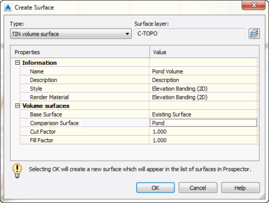 Screenshot of the Create Surface dialog box with selected Pond under Values. A warning sign is displayed below.