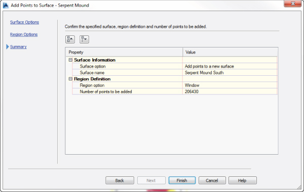 Screenshot of Add Points To Surface – Summary page displaying Property and Value with Window and 206430 in Region option and Number of points to be added, respectively.