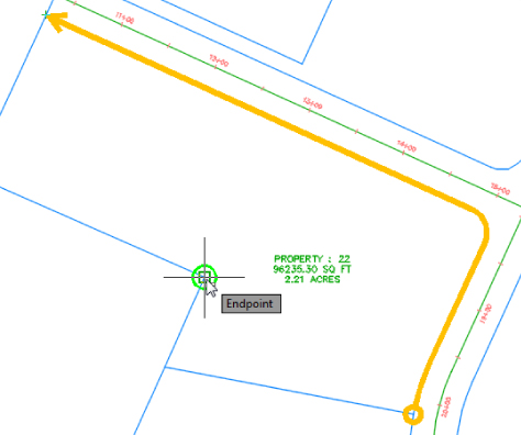 Illustration of the interior corner of the parcel labeled Property: 22, with the pointer over the swing point, highlighted by the Osnap marker.