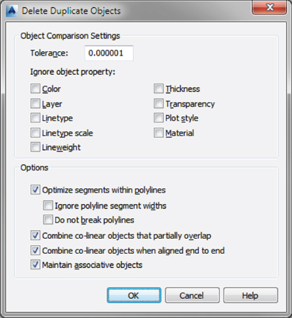 Screenshot of the Delete Duplicate Objects dialog with Tolerance set to  0.000001 under Object Comparison Settings and with four settings under Options have check marks.