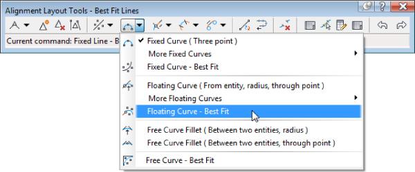 Snippet image of the Alignment Layout Tools with a displayed Floating Curve drop-down. Cursor points the Floating Curve-Best Fit in the drop –down list.  