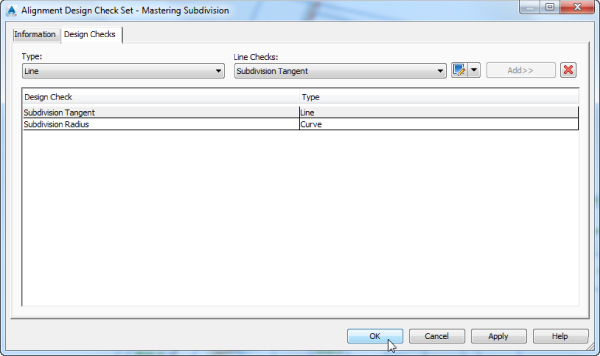 Screenshot of Design Checks tab of Alignment Design Check Set–Mastering Subdivision dialog. Type is set to Line and Line Checks to Subdivision Tangent. A table below lists Design Check parameters.