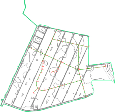 Topographical drawing of a landscape. The drawing has multiple parallel diagonal lines stretching from the top of the image to the bottom.