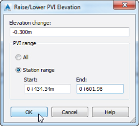 Screenshot of Raise/Lower PVI Elevation dialog displaying radio buttons for PVI range options (All or Station range) and fields for elevation change and for start and end points of station range.