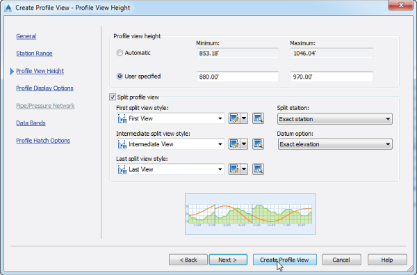 Screenshot of Profile View Height page of the Create Profile View dialog presenting drop-down menus for three view styles (first split, intermediate split, and last split), split station, and datum option.