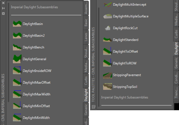 Screenshots of the Tool palettes displaying the list of Imperial Daylight Subassemblies.