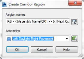 Screenshot of Create Corridor Region dialog box presenting the highlighted Left Daylight–Right Pavement in Assembly field.