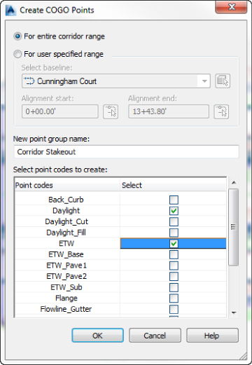 Screenshot of Create COGO Points dialog box. For entry corridor range is selected, New point group name on Corridor Stakeout, and Select point codes to create checkboxes selecting Daylight and ETW.