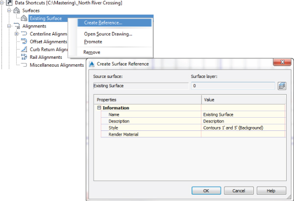 Snippet of similar image in figure 16.9 but with a right-click menu presenting Create Reference and a Create Surface Reference dialog listing Information properties and values.