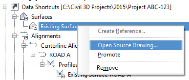 Screenshot of a right-click menu with for Existing Surface option with Open Source Drawing command highlighted.