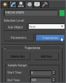 Screenshot of a command panel for the knife. The Motion icon is selected and the mouse arrow points Trajectories option.