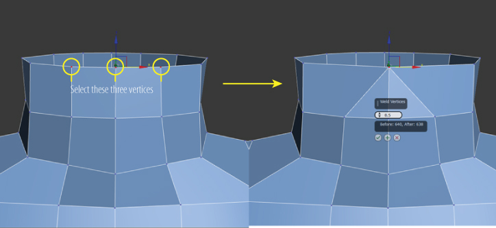 Left: Alien's neck with marked vertices at the top of the neck. Right: The neck with selected vertices combined using the Merge tool.